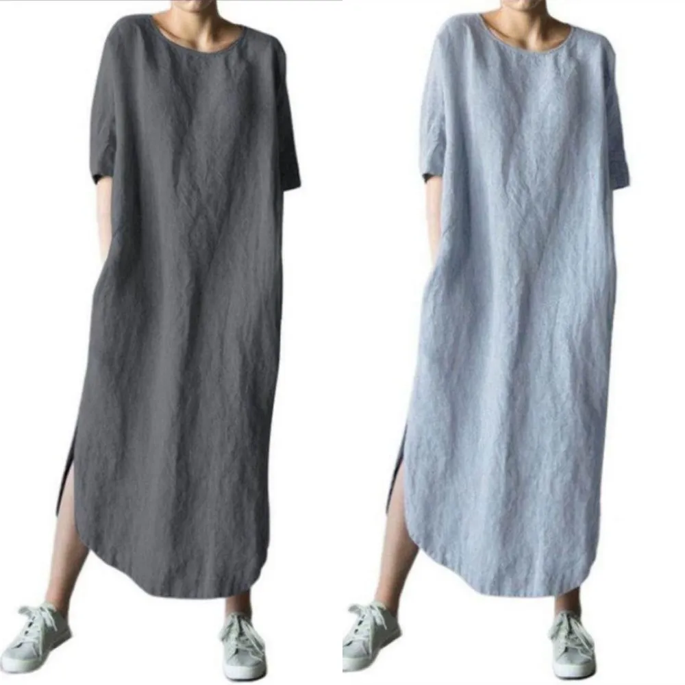 【巴黎精品】現貨+預購 女連身裙亞麻棉麻洋裝大尺碼寬鬆A字裙休閒女裝(長袖太陽裙女裙子3款b1a26 C)