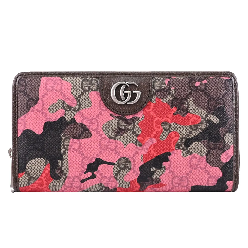 【GUCCI 古馳】GG Supreme 經典雙C迷彩印花發財零錢長夾(駝)