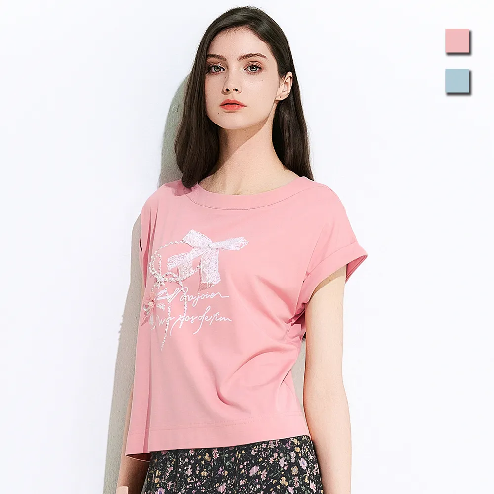 【TOWN’WEAR 棠葳】涼感珍珠蝴蝶結上衣 2色(中大尺碼/女上衣/女上著/印圖/棉T/T恤/短袖/涼感)