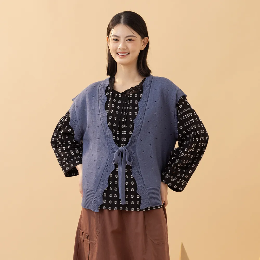 【MOSS CLUB】鏤空勾織花邊綁帶開襟式無袖針織背心(藍 杏 黃/魅力商品)