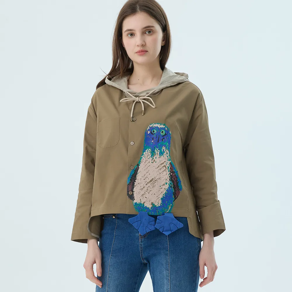 【Qiruo 奇若名品】棉麻質感 雙色卡通連帽長袖造型襯衫6233A