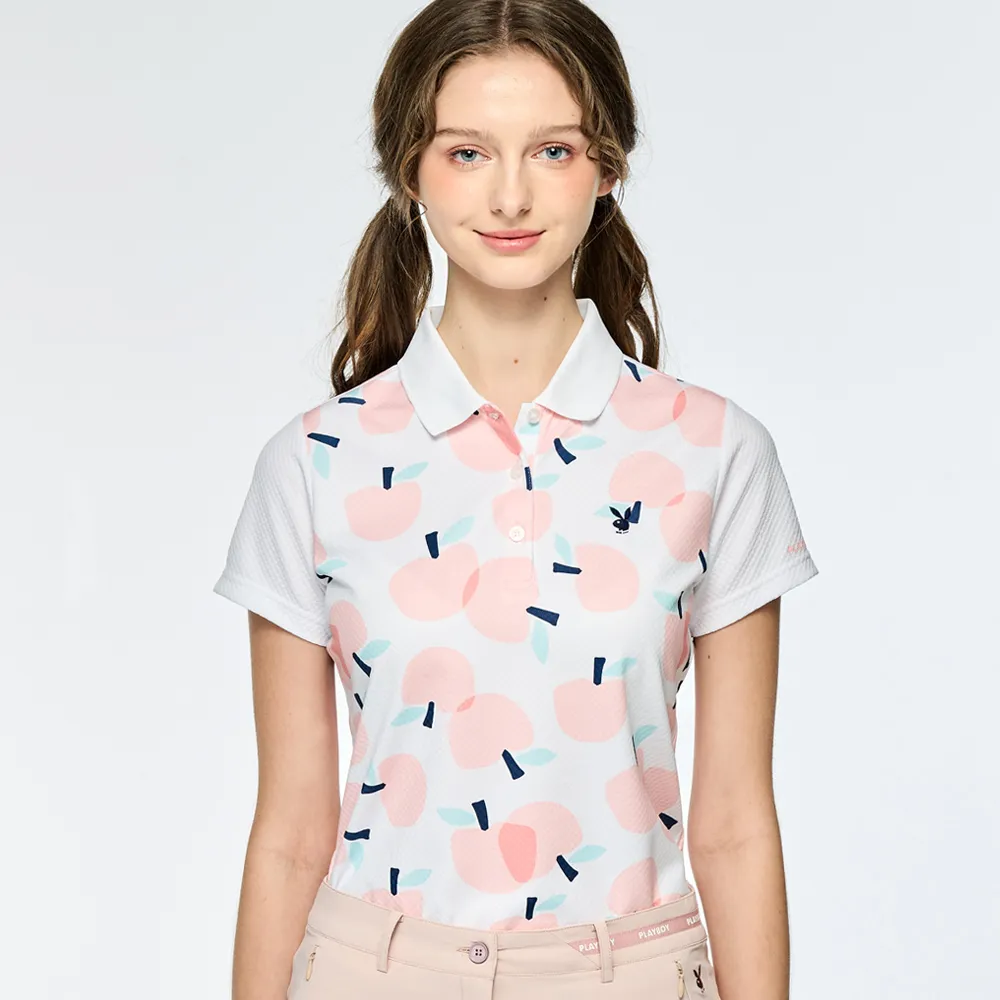 【PLAYBOY GOLF】女款蘋果印花吸濕排汗短袖POLO衫-粉橘(高爾夫球衫/KA25118-23)