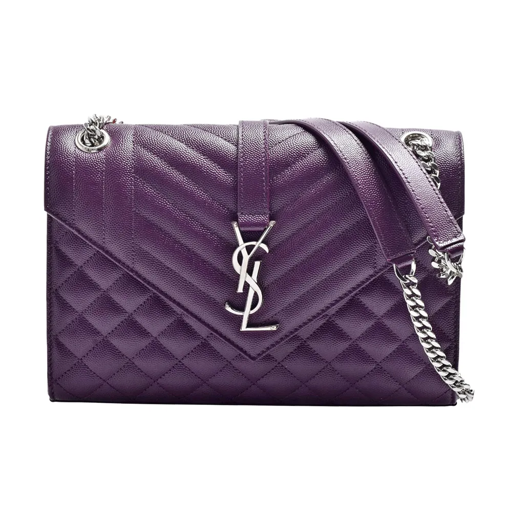 【YSL】經典ENVELOPE系列牛皮銀色金屬LOGO翻蓋斜背包(中-深紫色)