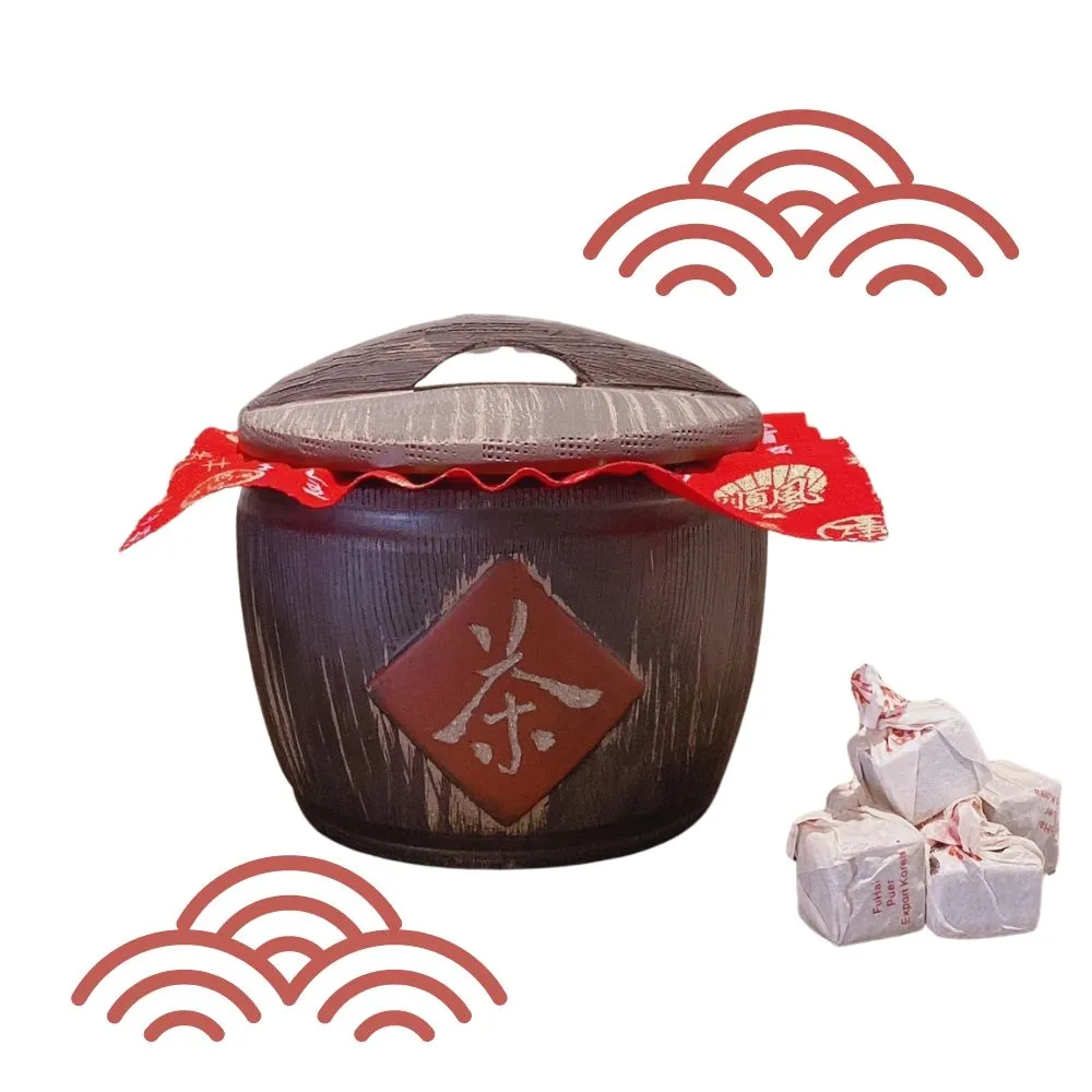 【茶韻】史上最強福氣滿滿聚寶盆 普洱茶禮盒 迷你沱(宜興原礦紫砂仿古木桶罐+福字方沱半斤)(中秋禮盒)
