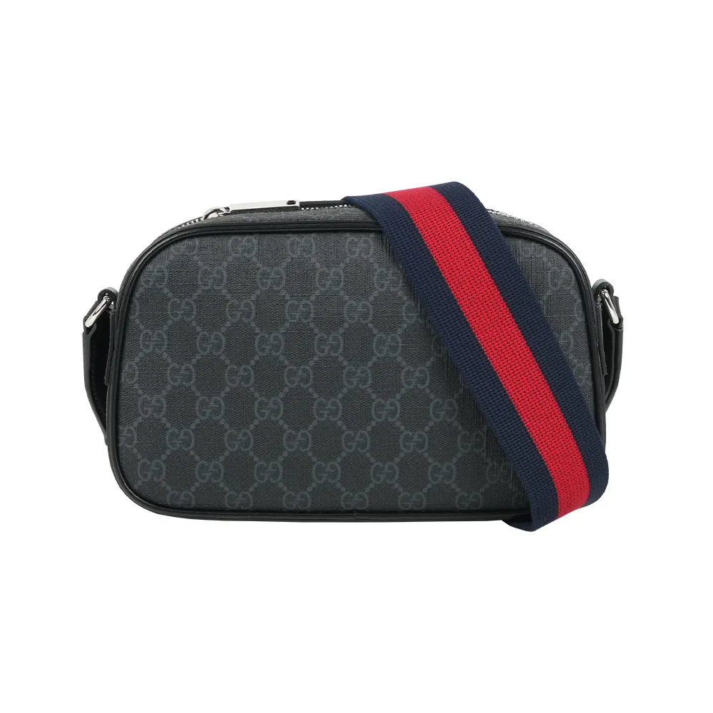 【GUCCI 古馳】GG Supreme 藍紅背帶拉鍊斜背包(黑灰色)