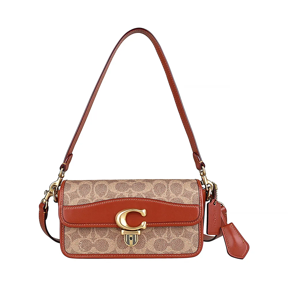 【COACH】COACH STUDIOBAGUETT金屬鑰匙LOGO印花塗層帆布拼牛皮扣式手提斜背包(卡其x棕紅)