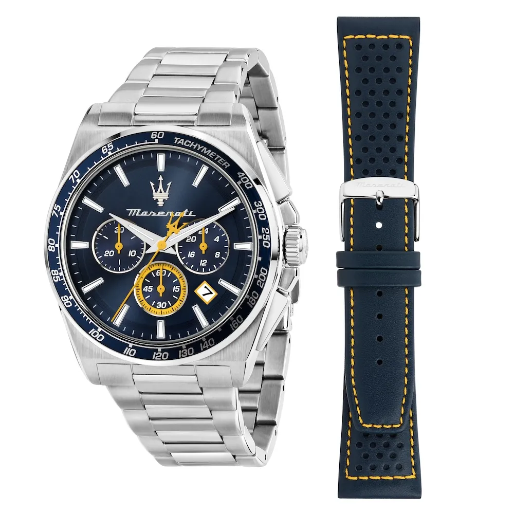 【MASERATI 瑪莎拉蒂】Velocita 卓越馳速三眼手錶套組 銀色不鏽鋼錶帶43MM R8873652001()