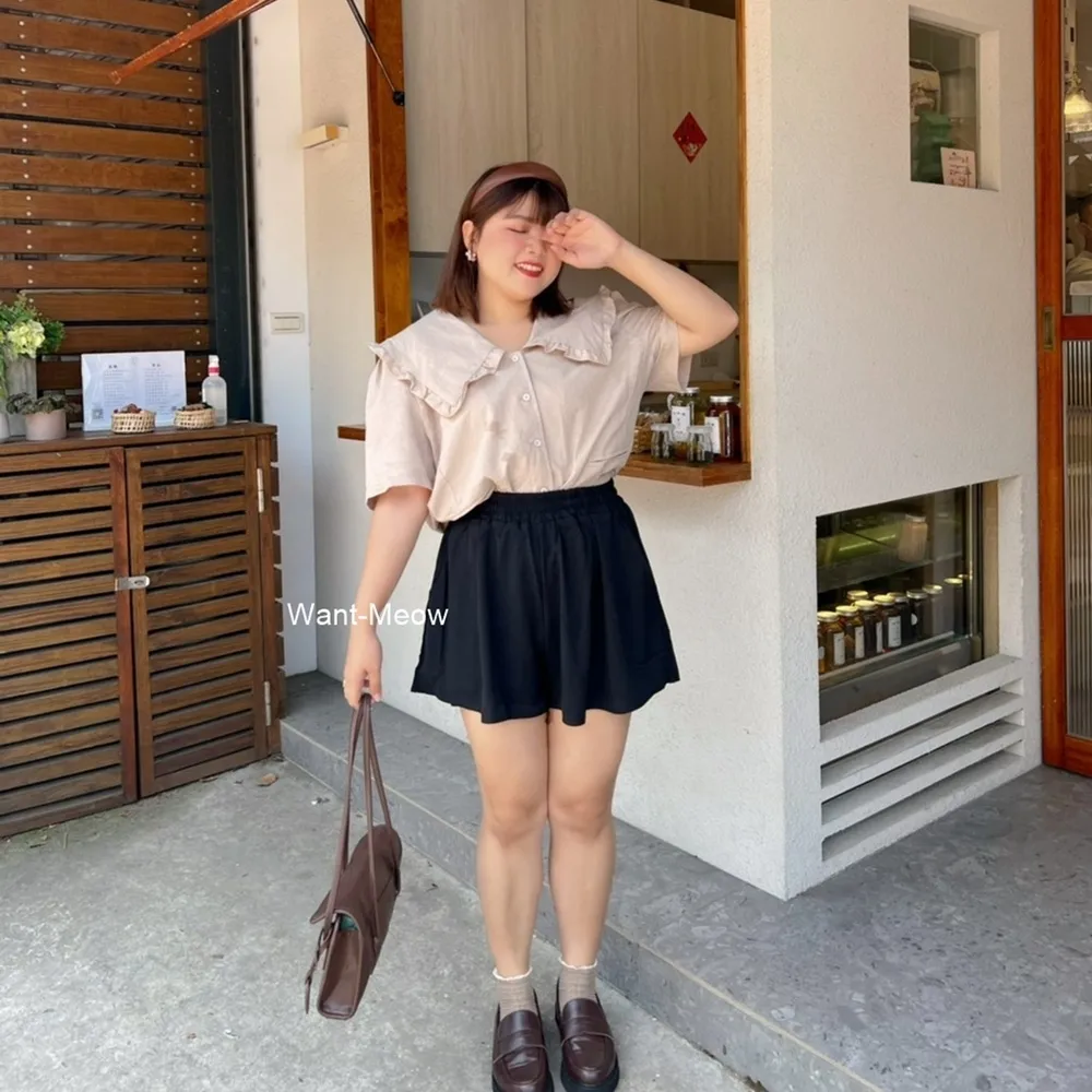 【Want-Meow】90公斤可穿/短袖韓系棉麻寶寶領翻領襯衫上衣大學T短袖T(大碼上衣/大碼/大尺碼/短袖上衣)