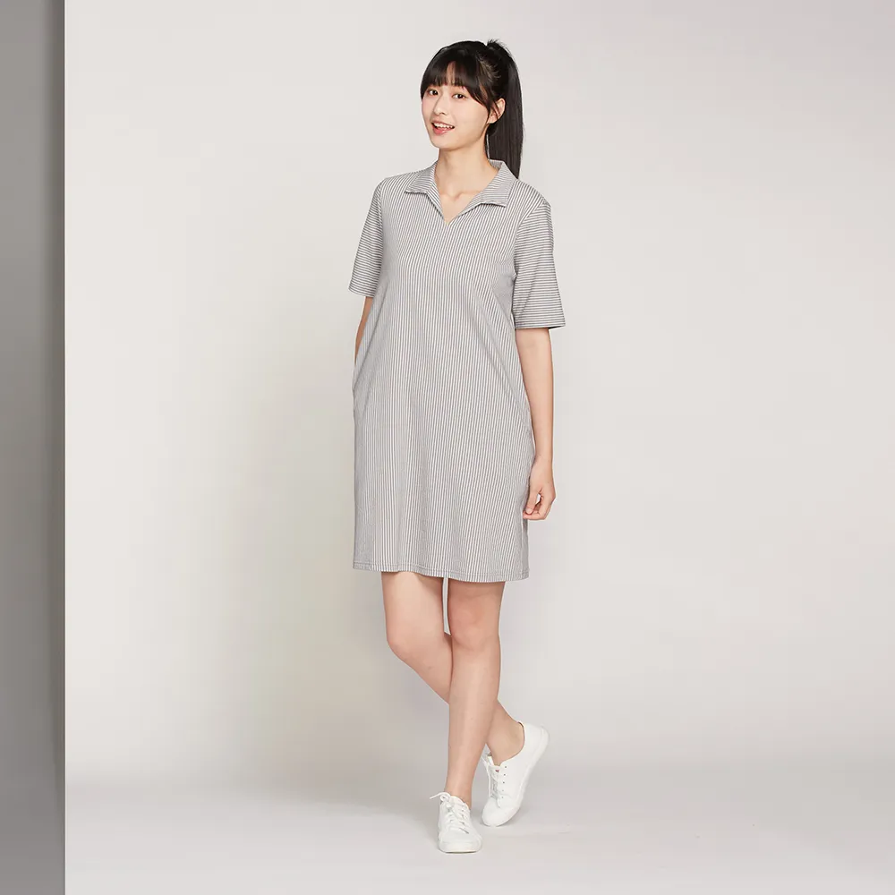 【YVONNE 以旺傢飾】直條提花襯衫領短袖洋裝-迷霧灰