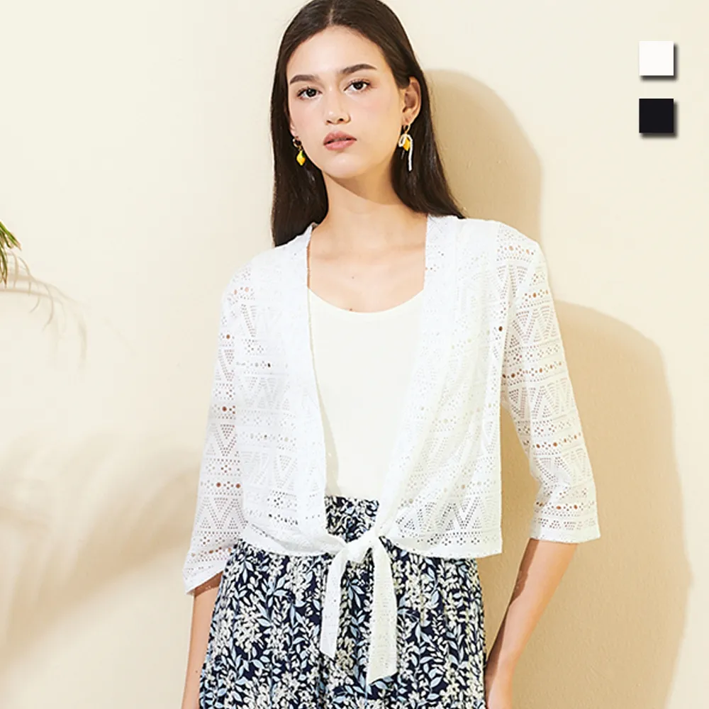 【TOWN’WEAR 棠葳】時髦幾何鏤空罩衫 2色(中大尺碼/女上衣/女上著/素色/鑽飾/外套/小外套/七分袖/涼感)