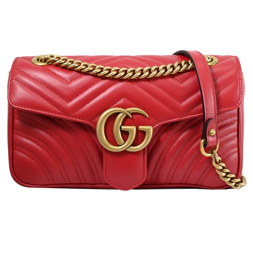 【GUCCI 古馳】經典GG Marmont 金屬LOGO翻蓋肩/斜背鍊包(紅)