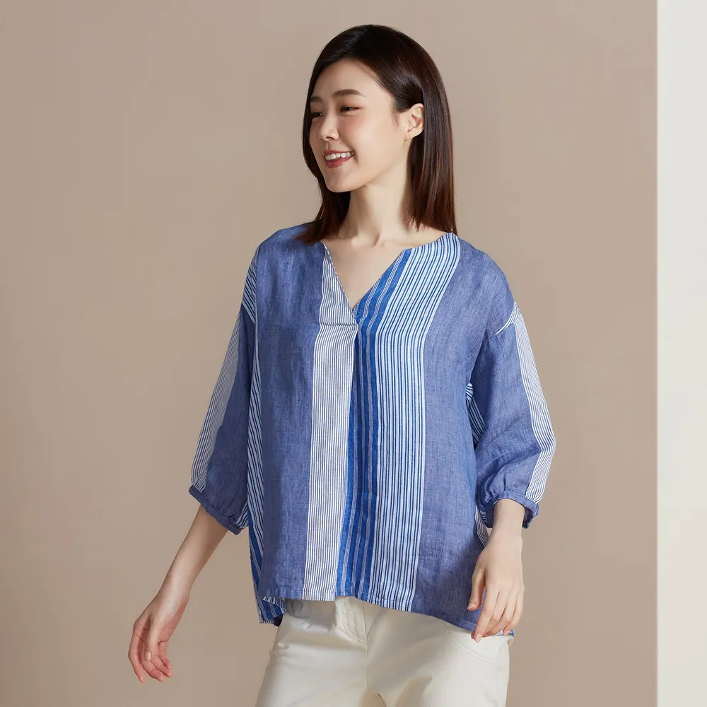 【YVONNE 以旺傢飾】出清品 條紋拼接亞麻V領七分袖上衣(網路限定)