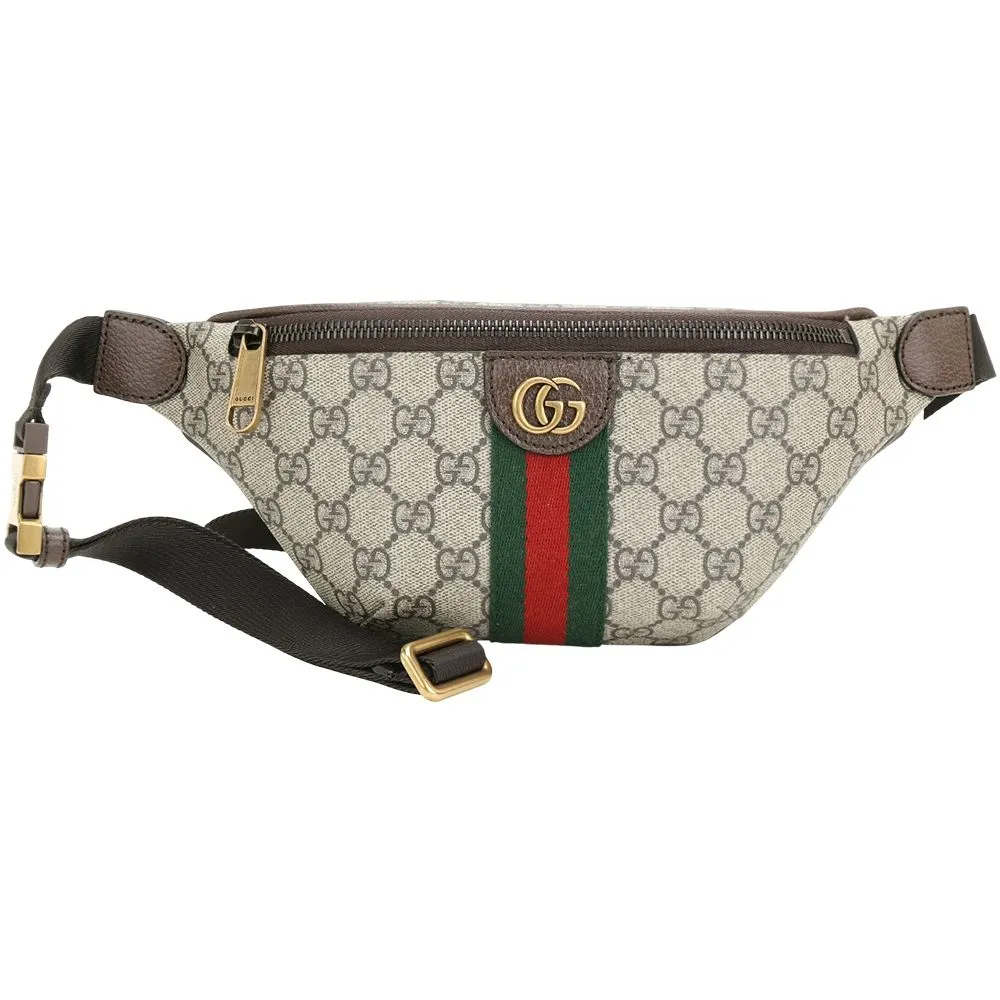 【GUCCI 古馳】Ophidia GG 小款 綠紅綠織帶撞色內裡肩 斜背腰包-烏木色